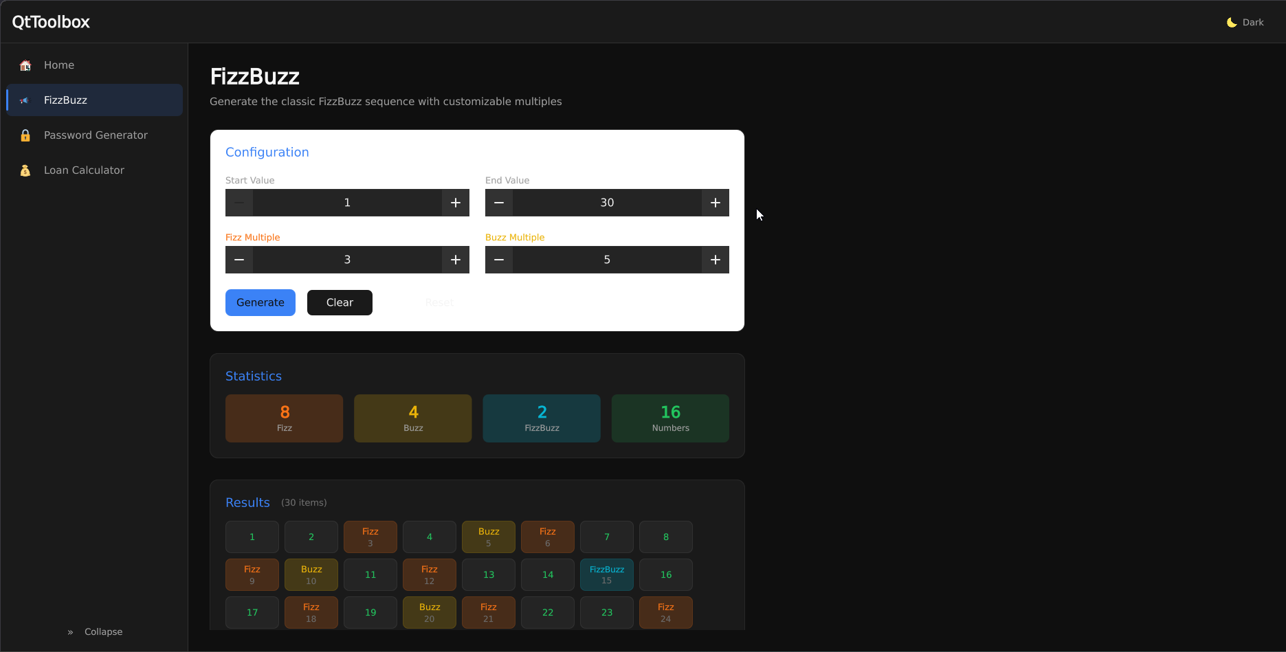 FizzBuzz tool showing colorful results grid and statistics