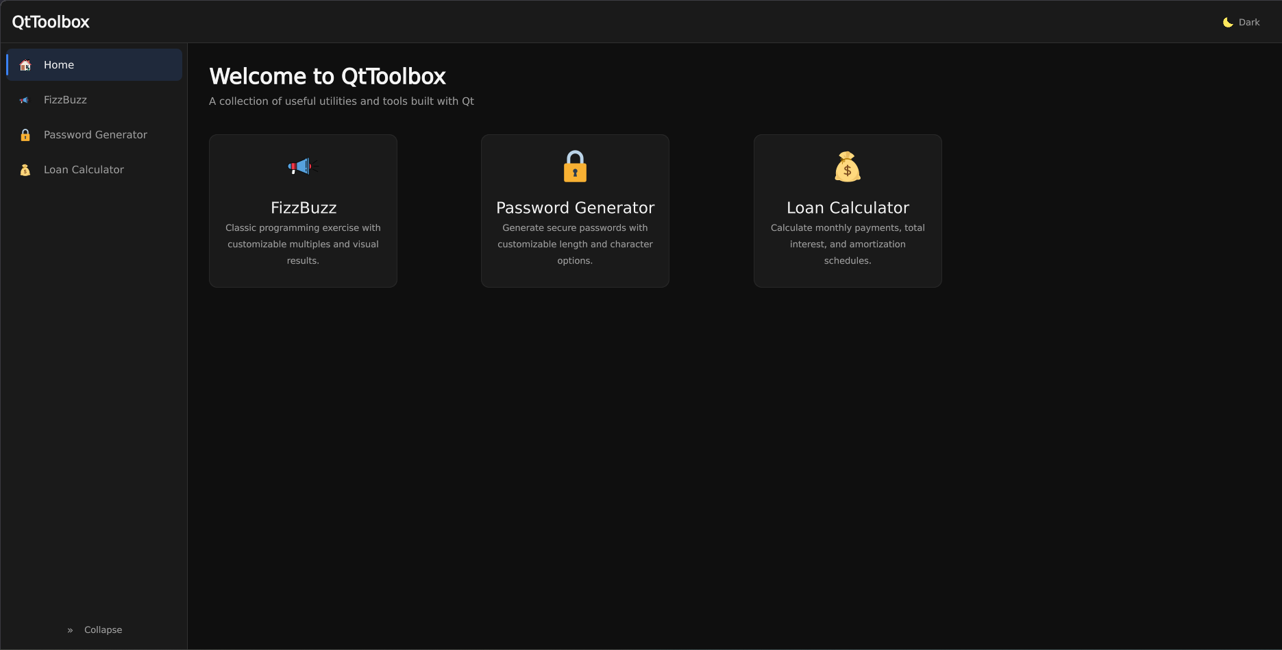 QtToolbox home screen showing the three utility cards
