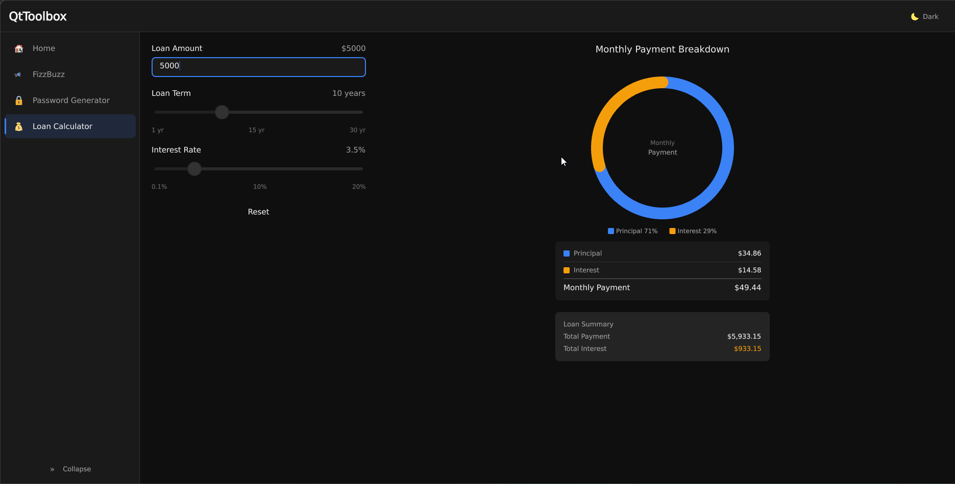 Loan Calculator with donut chart showing principal vs interest breakdown