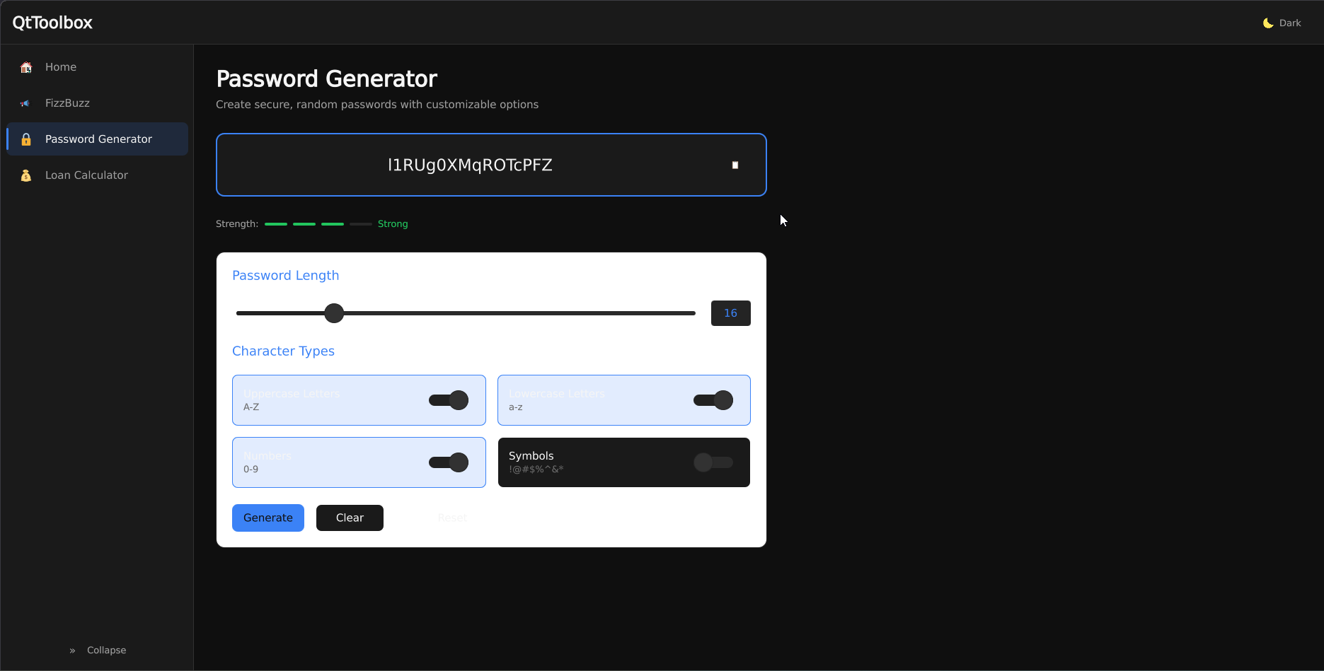 Password Generator with strength indicator and character type toggles